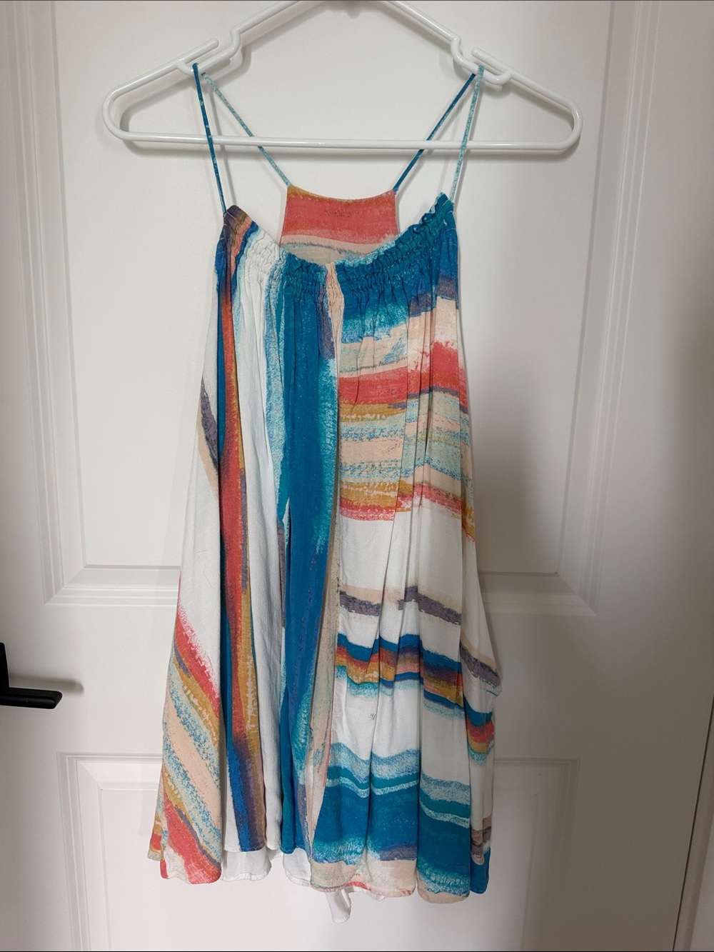 Free People Teal & Multicolor Striped Smocked Top